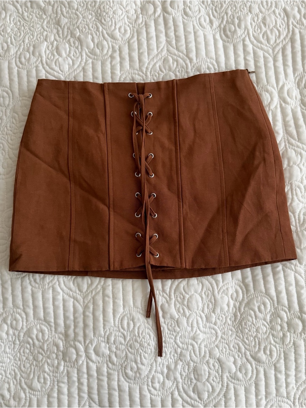 NWT Zara Brown Lace-Up Front High-Waisted Mini Skirt Extra Small XS